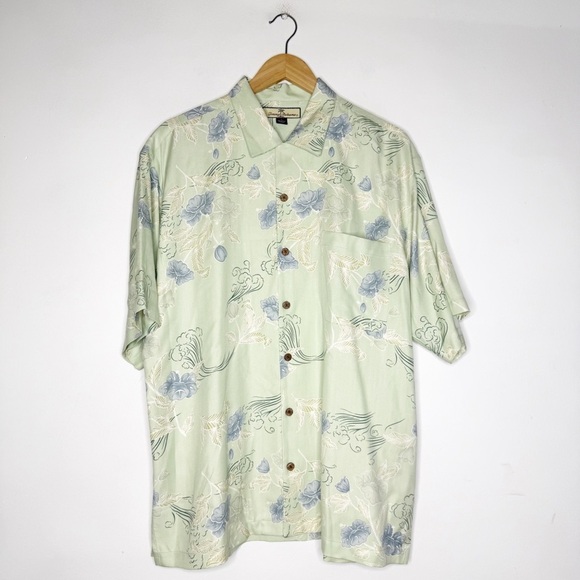 Tommy Bahama Silk Green Floral Button Up Short Sleeve Tropical Shirt Large - Picture 1 of 5